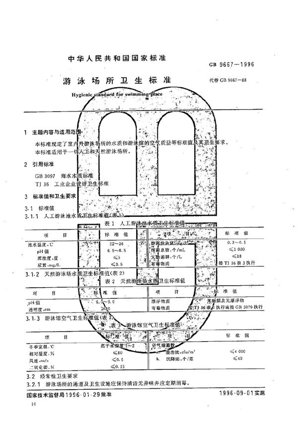 游泳场所卫生标准 (GB 9667-1996)