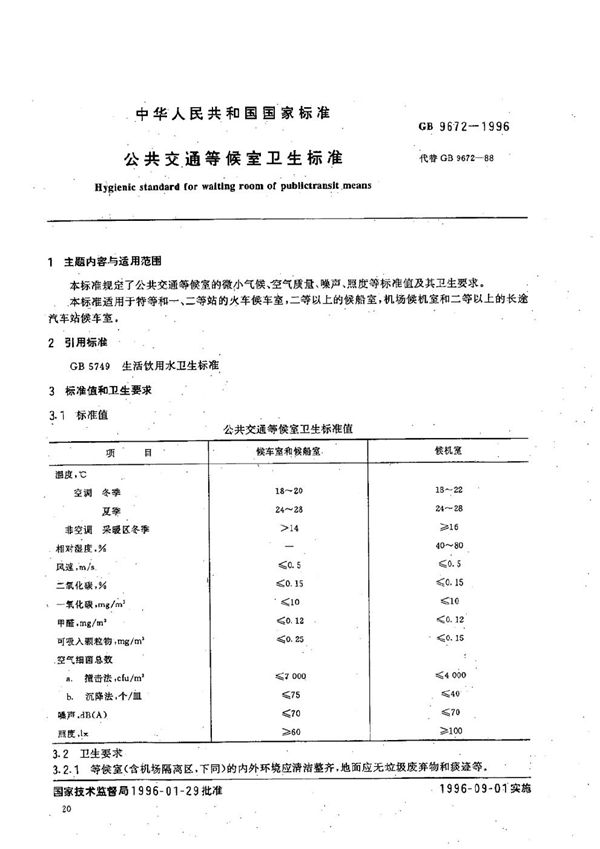 公共交通等候室卫生标准 (GB 9672-1996)