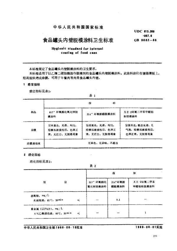 食品罐头内壁脱模涂料卫生标准 (GB 9682-1988)