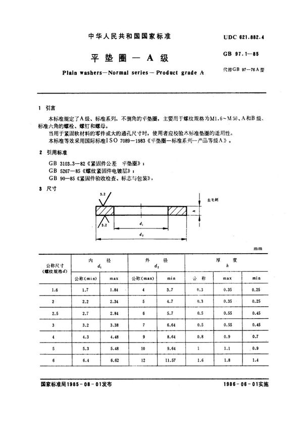 平垫圈 A级 (GB 97.1-1985)