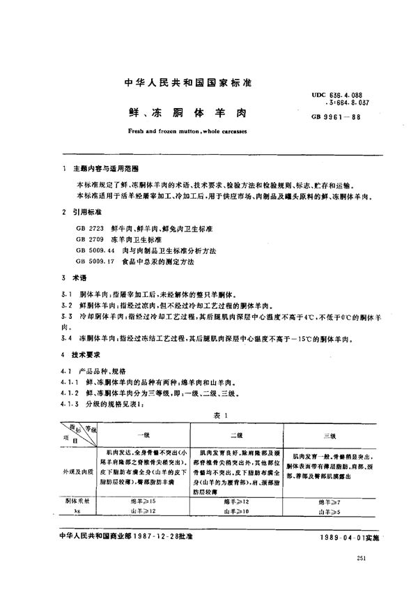 鲜、冻胴体羊肉 (GB 9961-1988)