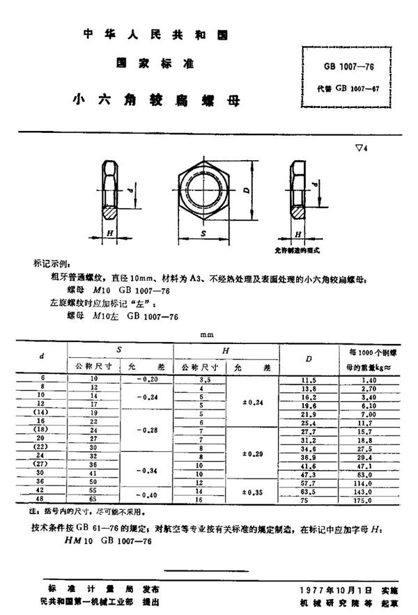 小六角较扁螺母 (GB/T 1007-1976)