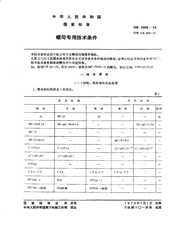 螺母专用技术条件 (GB/T 1009-1978)