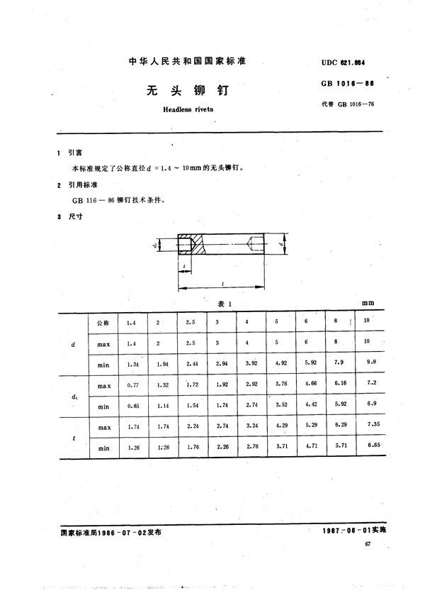 无头铆钉 (GB/T 1016-1986)