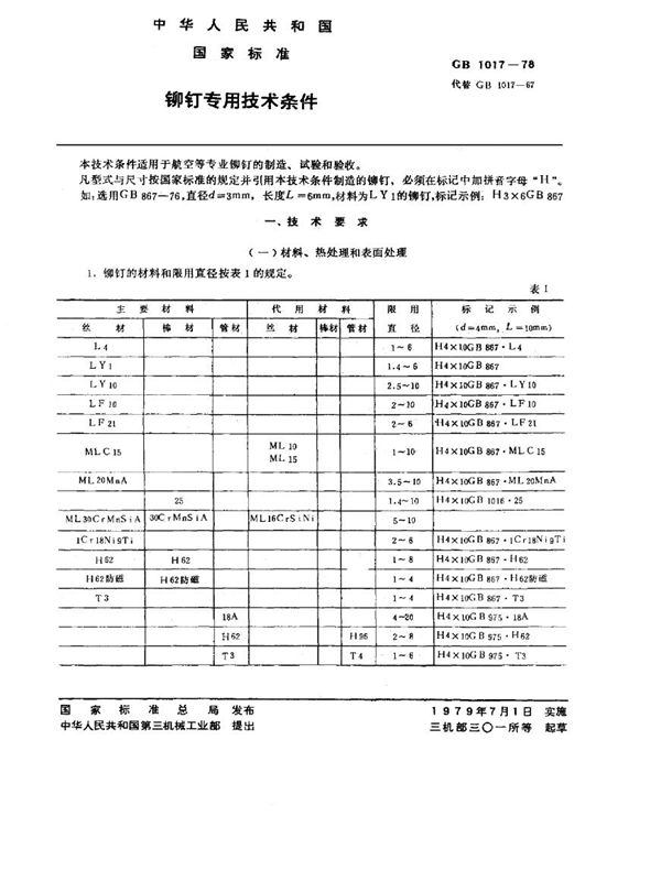 铆钉专用技术条件 (GB/T 1017-1978)