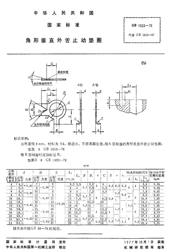 角形垂直外舌止动垫圈 (GB/T 1023-1976)