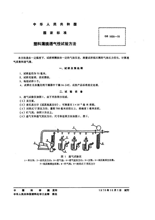 塑料薄膜透气性试验方法 (GB/T 1038-1970)