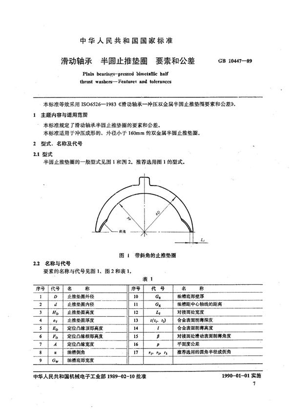 滑动轴承  半圆止推垫圈  要素和公差 (GB/T 10447-1989)