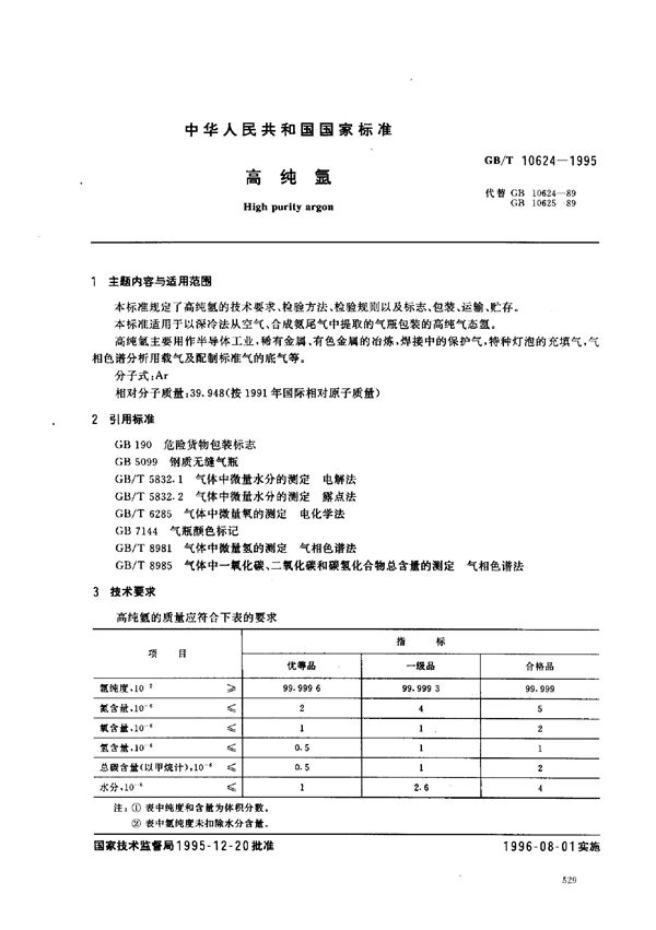 高纯氩 (GB/T 10624-1995)