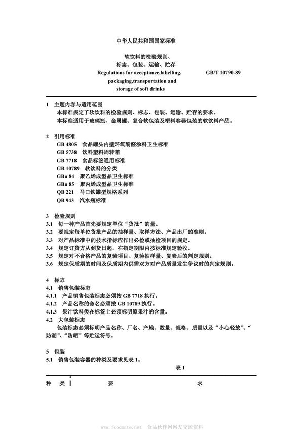 软饮料的检验规则、标志、包装、运输、贮存 (GB/T 10790-1989)