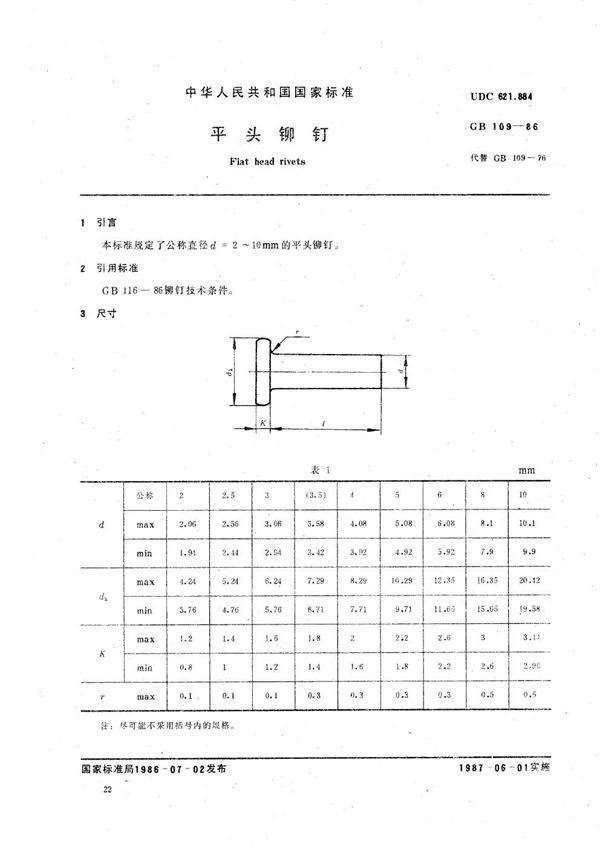 平头铆钉 (GB/T 109-1986)