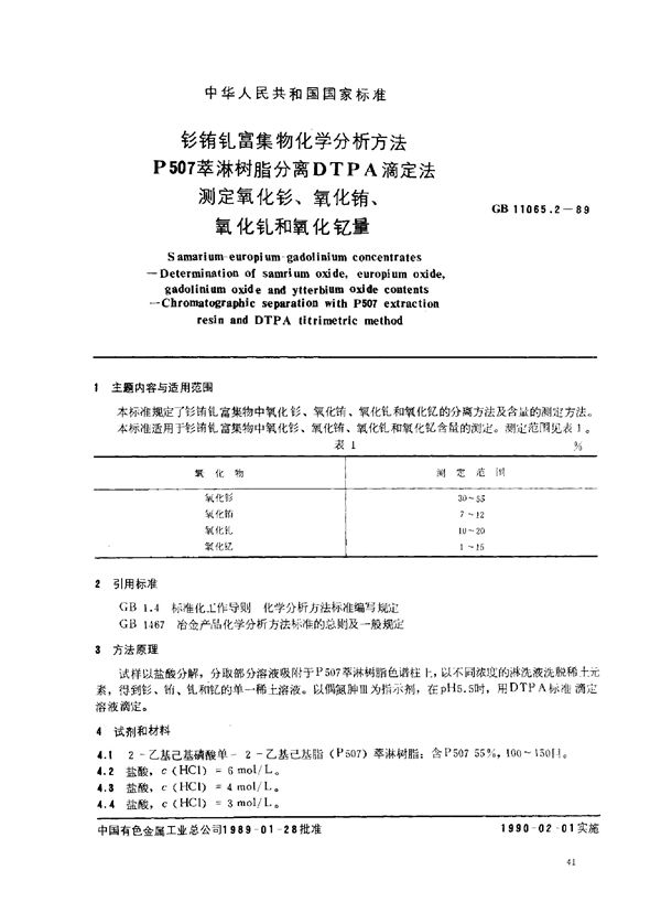 钐、铕、钆富集物化学分析方法 P507萃淋树脂分离DTPA滴定法测定氧化钐、氧化铕、氧化钆和氧化钇量 (GB/T 11065.2-1989)