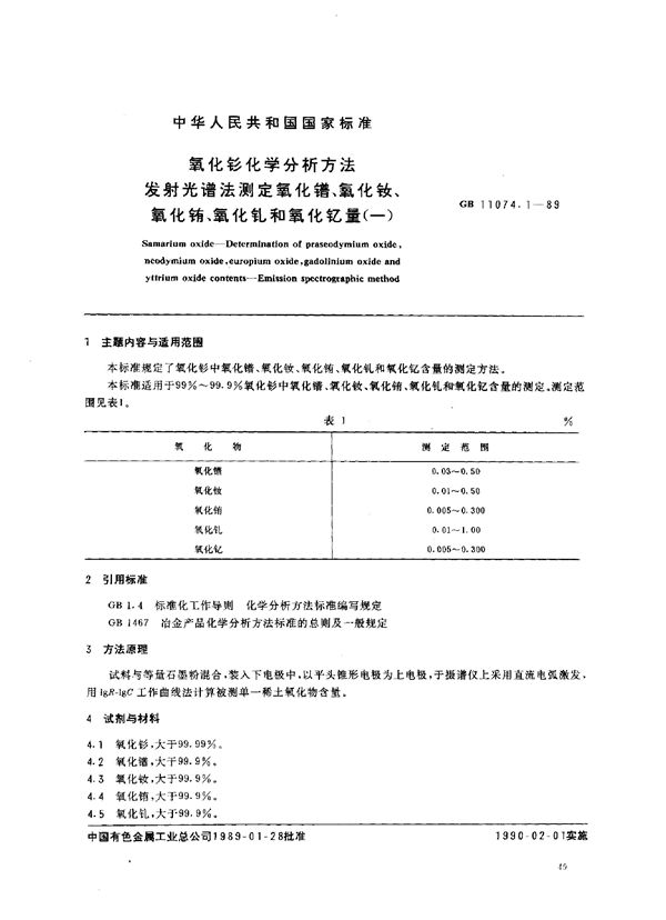 氧化钐化学分析方法 发射光谱法测定氧化镨、氧化钕、氧化铕、氧化钆和氧化钇量(一) (GB/T 11074.1-1989)