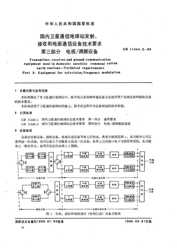 国内卫星通信地球站发射、接收和地面通信设备技术要求  第三部分:电视/ 调频设备 (GB/T 11444.3-1989)