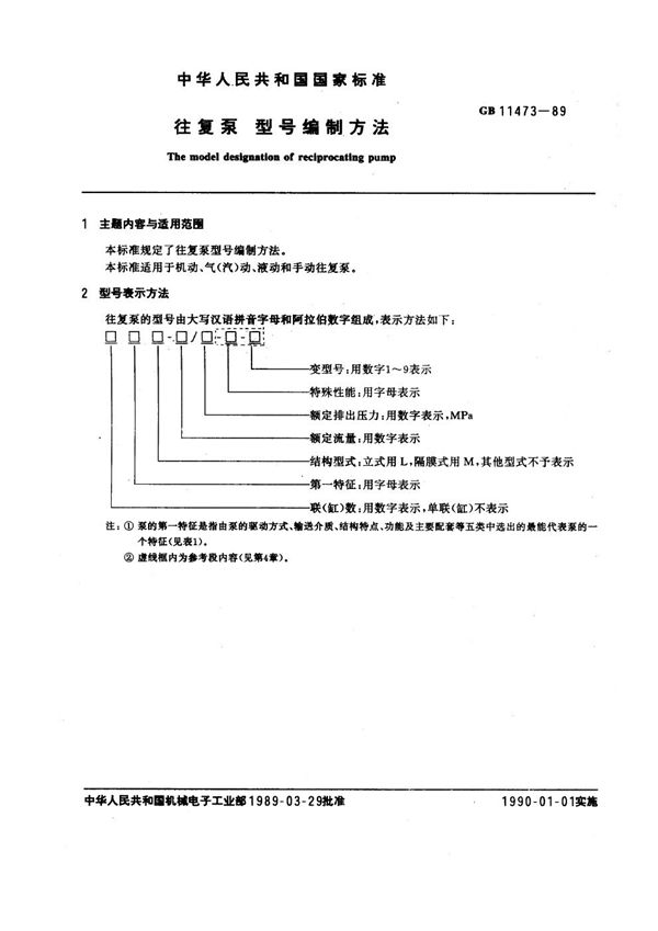 往复泵  型号编制方法 (GB/T 11473-1989)