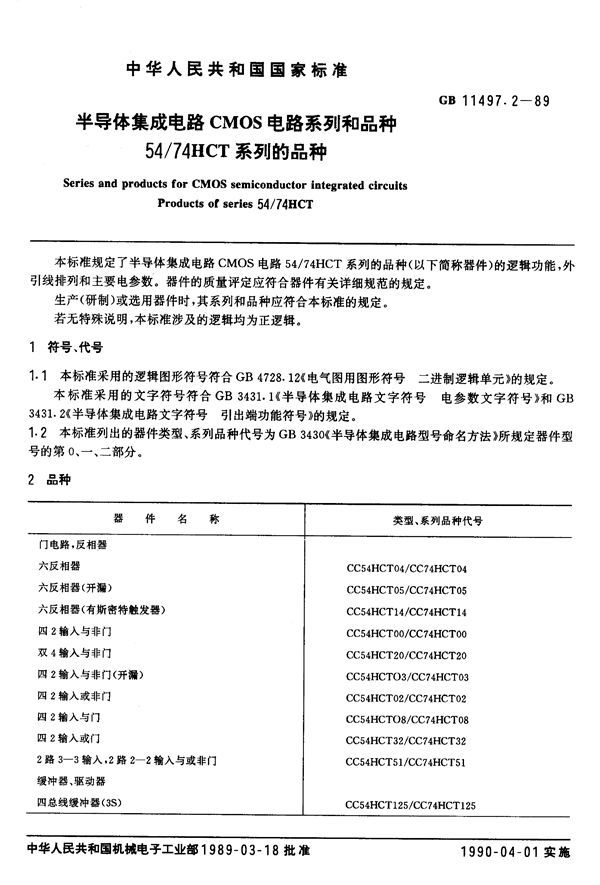 半导体集成电路CMOS电路系列和品种  54/74 HCT 系列的品种 (GB/T 11497.2-1989)