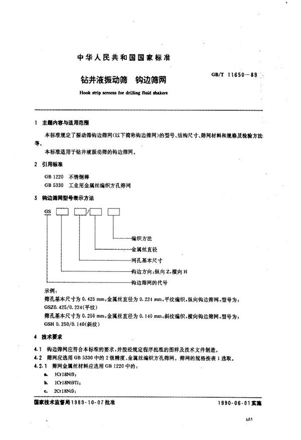 钻井液振动筛 钩边筛网 (GB/T 11650-1989)