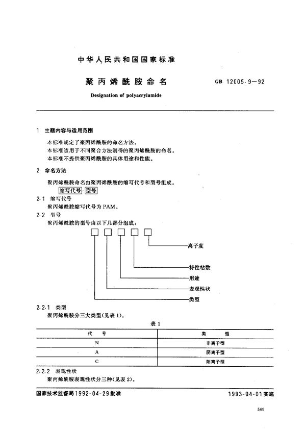 聚丙烯酰胺命名 (GB/T 12005.9-1992)