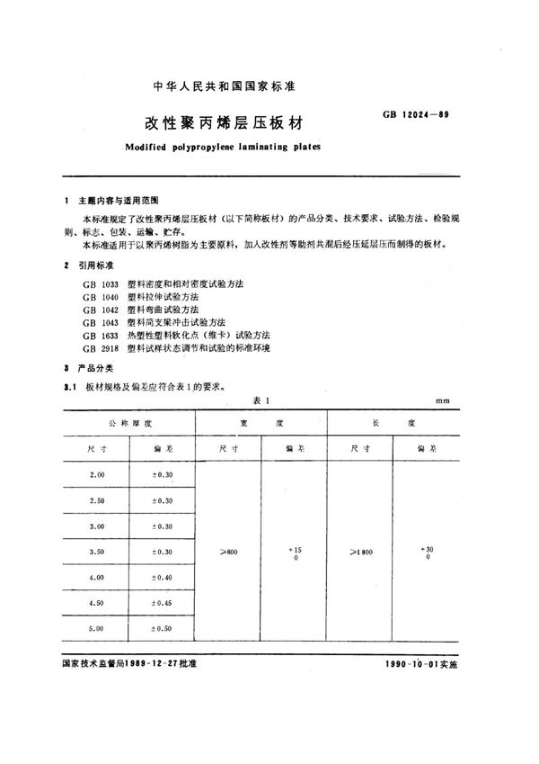 改性聚丙烯层压板材 (GB/T 12024-1989)