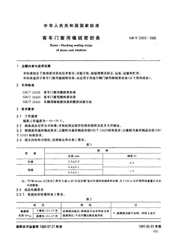 客车门窗用植绒密封条 (GB/T 12422-1990)