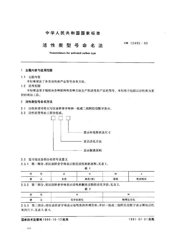 活性炭型号命名法 (GB/T 12495-1990)