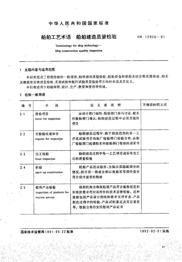 船舶工艺术语  船舶建造质量检验 (GB/T 12926-1991)