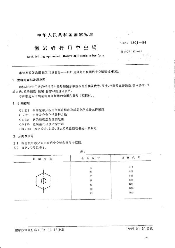 凿岩钎杆用中空钢 (GB/T 1301-1994)