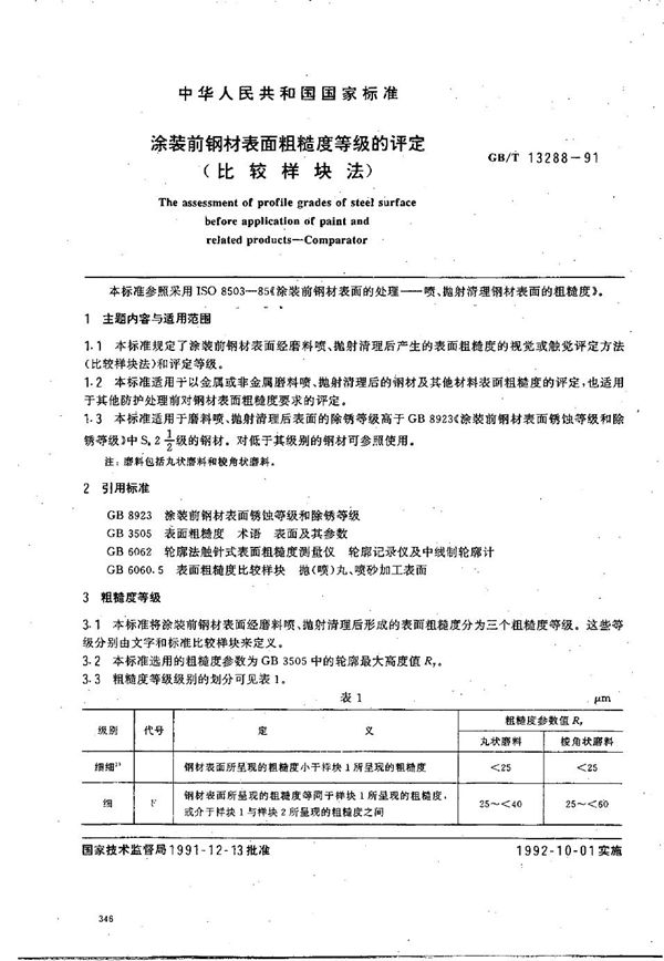 涂装前钢材表面粗糙度等级的评定 (比较样块法) (GB/T 13288-1991)