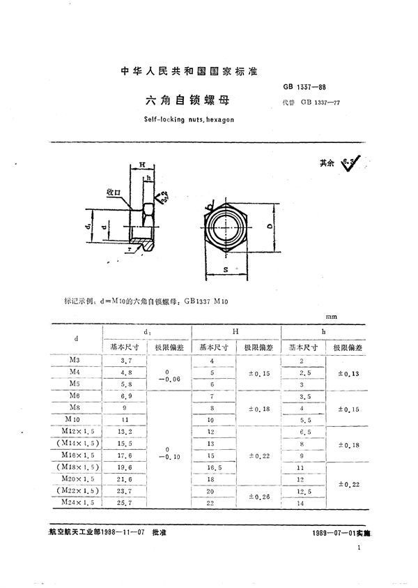 六角自锁螺母 (GB/T 1337-1988)