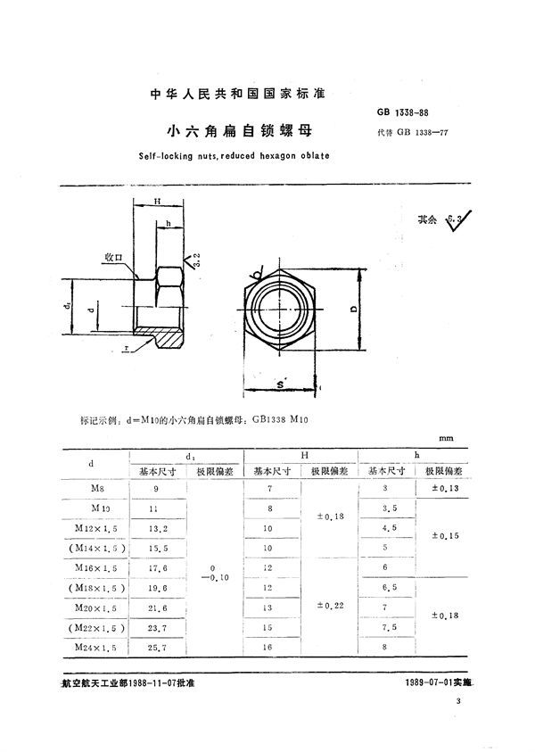 小六角扁自锁螺母 (GB/T 1338-1988)