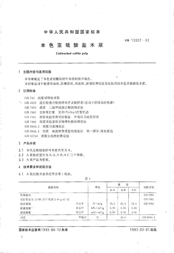 本色亚硫酸盐木浆 (GB/T 13507-1992)