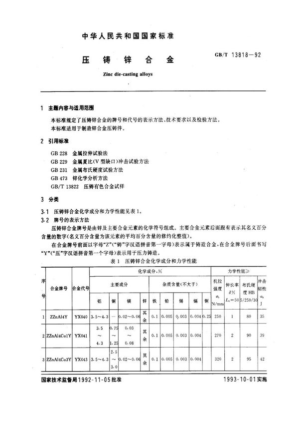 压铸锌合金 (GB/T 13818-1992)