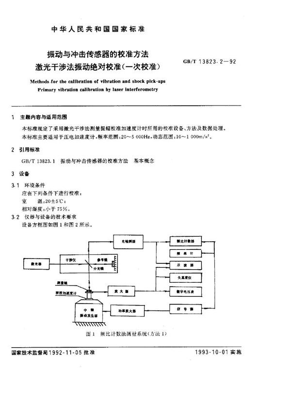 振动与冲击传感器的校准方法  激光干涉法振动绝对校准 (一次校准) (GB/T 13823.2-1992)