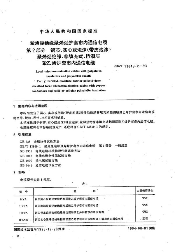 聚烯烃绝缘聚烯烃护套市内通信电缆  第2部分:铜芯、实心或泡沫(带皮泡沫)聚烯烃绝缘、非填充式、挡潮层聚乙烯护套市内通信电缆 (GB/T 13849.2-1993)