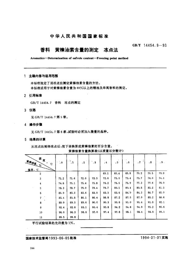 香料  黄樟油素含量的测定  冻点法 (GB/T 14454.9-1993)