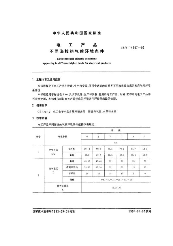 电工产品不同海拔的气候环境条件 (GB/T 14597-1993)