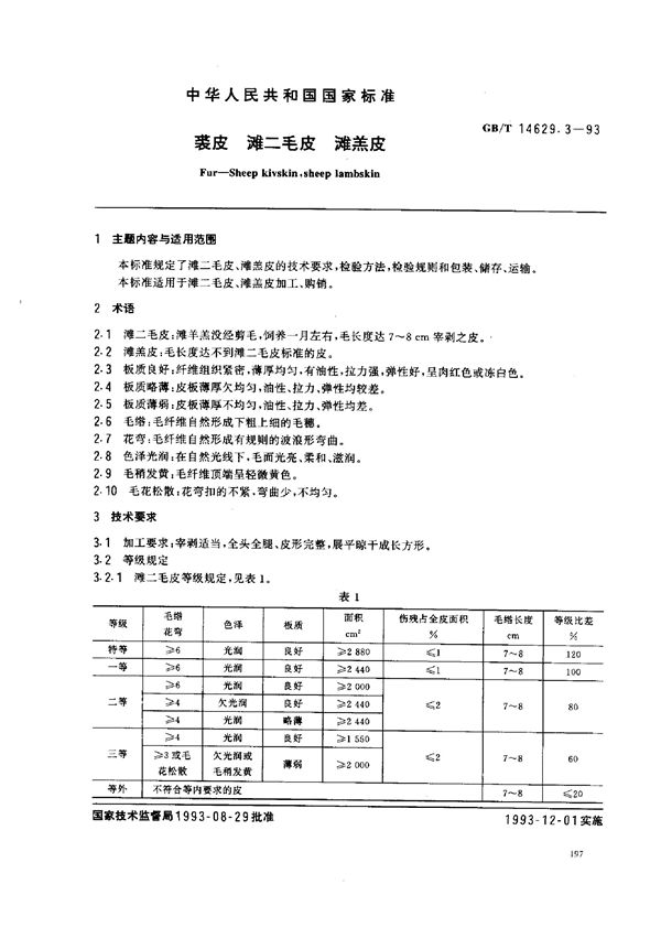 裘皮  滩二毛皮、滩羔皮 (GB/T 14629.3-1993)