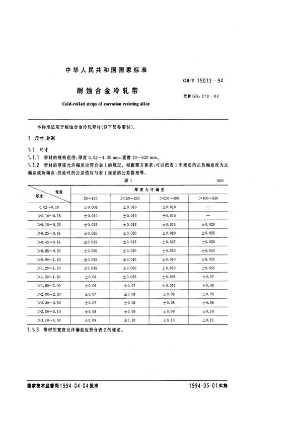 耐蚀合金冷轧带 (GB/T 15012-1994)