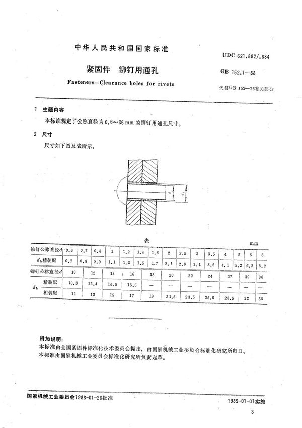 紧固件  铆钉用通孔 (GB/T 152.1-1988)