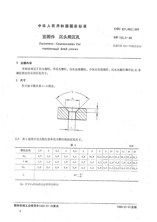 紧固件  沉头用沉孔 (GB/T 152.2-1988)