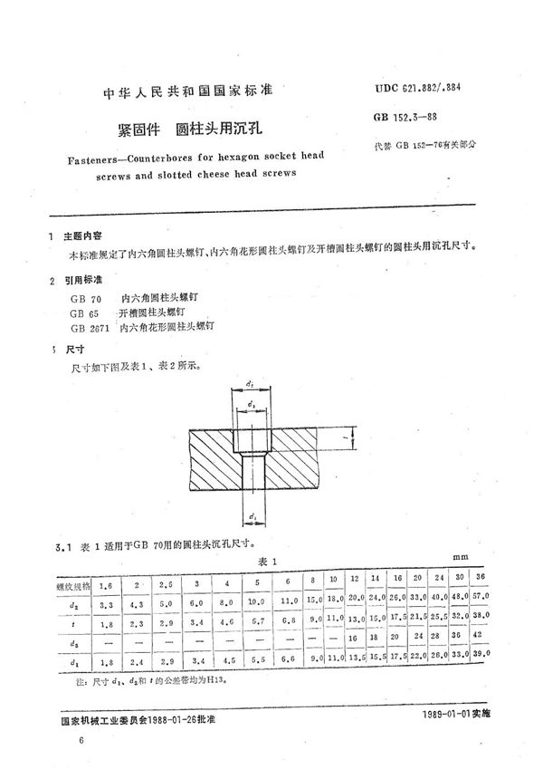 紧固件  圆柱头用沉孔 (GB/T 152.3-1988)