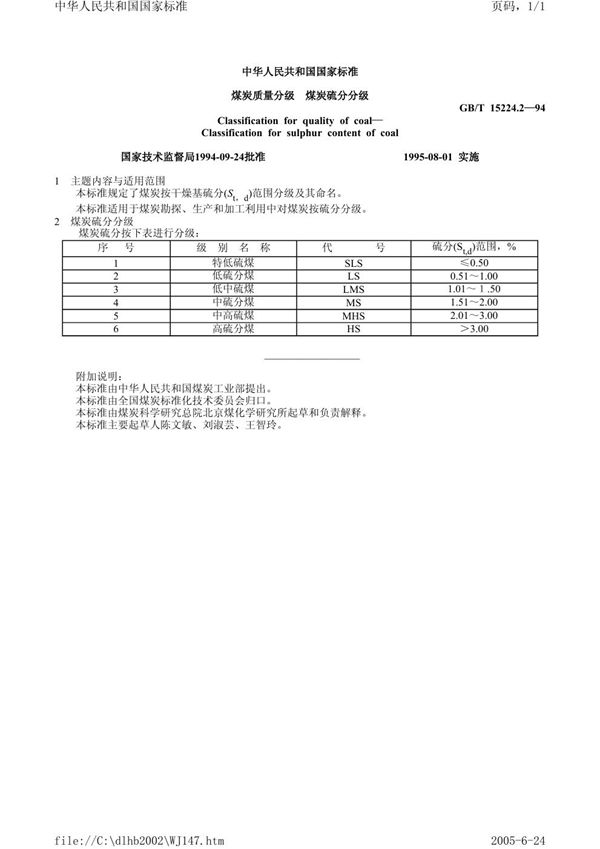 煤炭质量分级  煤炭硫分分级 (GB/T 15224.2-1994)