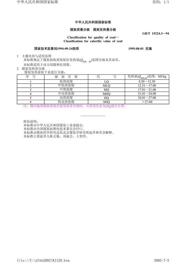 煤炭质量分级  煤炭发热量分级 (GB/T 15224.3-1994)