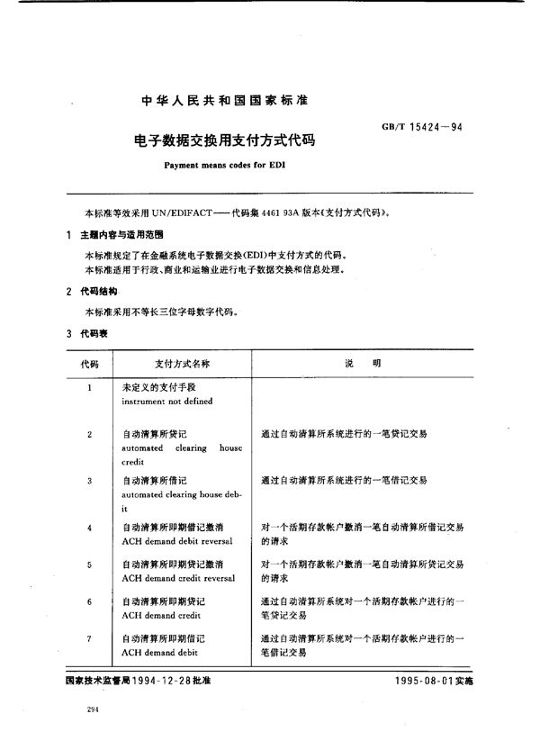 电子数据交换用支付方式代码 (GB/T 15424-1994)