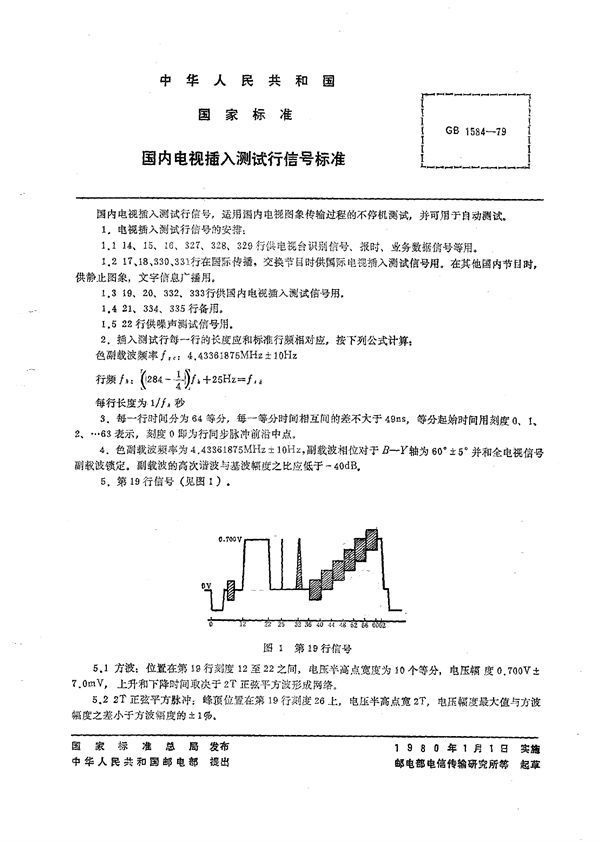 国内电视插入测试行信号标准 (GB/T 1584-1979)