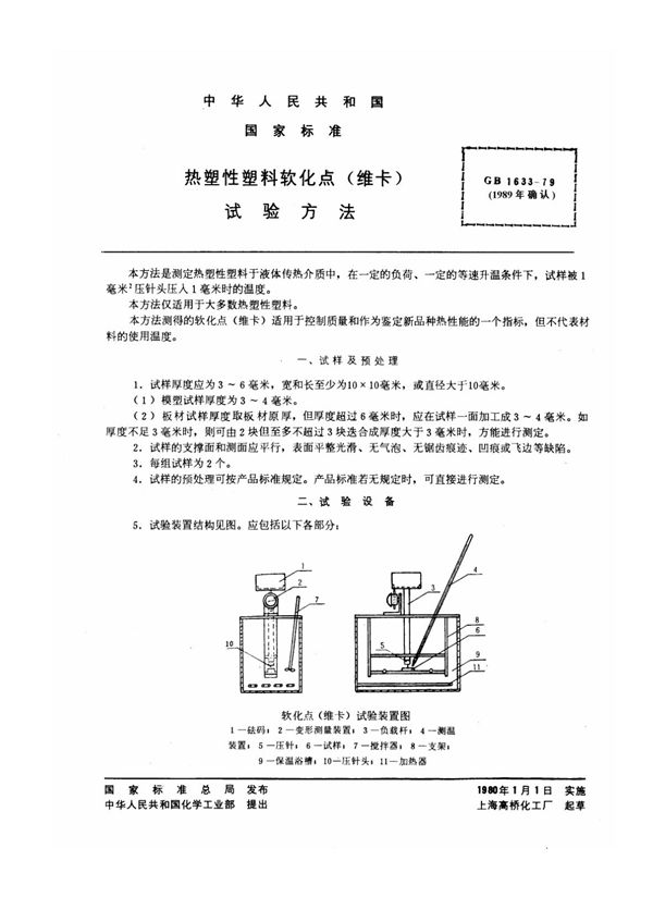 热塑性塑料软化点 (维卡) 试验方法 (GB/T 1633-1979)