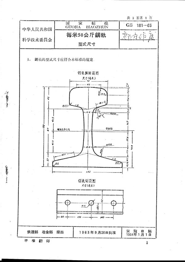 每米50公斤钢轨型式尺寸 (GB/T 181-1963)