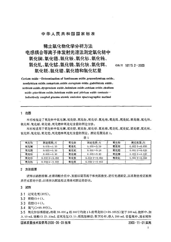 稀土氧化物化学分析方法  电感耦合等离子体发射光谱法测定氧化铈中氧化镧、氧化镨、氧化钕、氧化钐、氧化铕、氧化钆、氧化铽、氧化镝、氧化钬、氧化铒、氧化铥、氧化镱、氧化镥和氧化钇量 (GB/T 18115.2-2000)