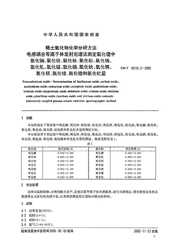 稀土氧化物化学分析方法  电感耦合等离子体发射光谱法测定氧化镨中氧化镧、氧化铈、氧化钕、氧化钐、氧化铕、氧化钆、氧化铽、氧化镝、氧化钬、氧化铒、氧化铥、氧化镱、氧化镥和氧化钇量 (GB/T 18115.3-2000)