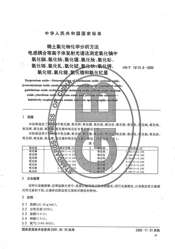 稀土氧化物化学分析方法  电感耦合等离子体发射光谱法测定氧化镝中氧化镧、氧化铈、氧化镨、氧化钕、氧化钐、氧化铕、氧化钆、氧化铽、氧化钬、氧化铒、氧化铥、氧化镱、氧化镥和氧化钇量 (GB/T 18115.8-2000)